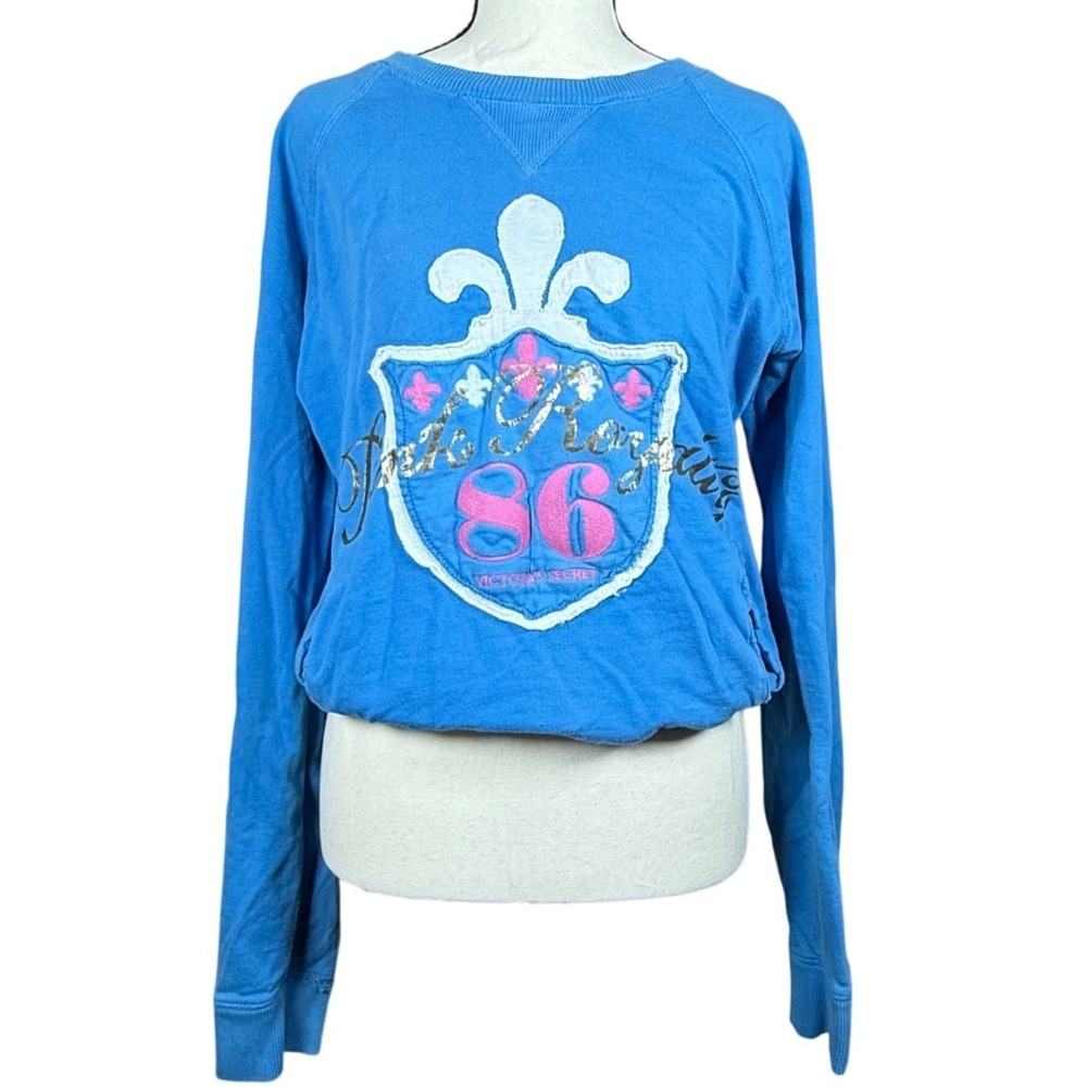 Victoria's Secret PINK Sweatshirt Womens M Blue 86 Crest Graphic Y2K Distressed